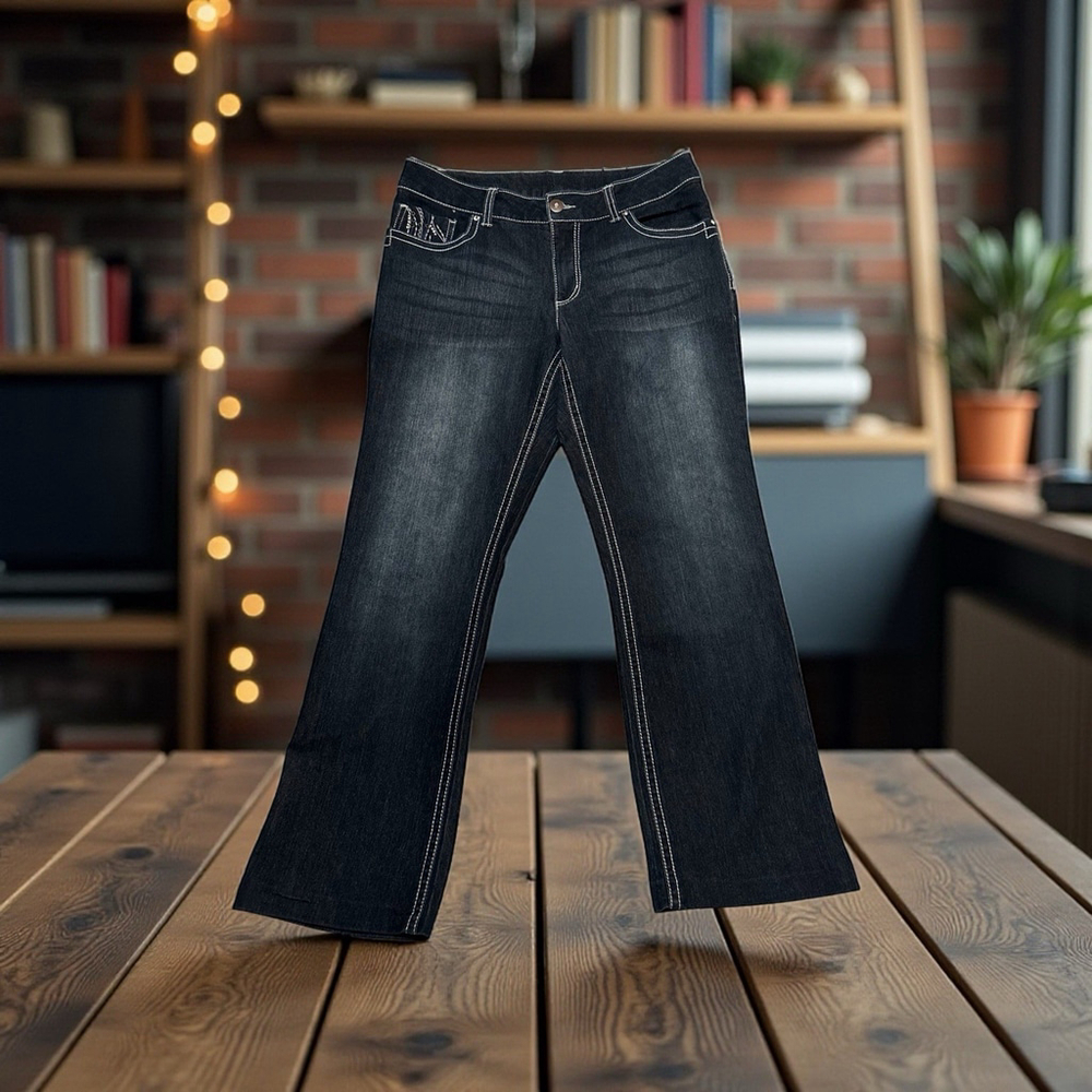 Faded Glory Bootcut Jeans Women 12 Blue Denim Distressed Embroidered Bling Studs
